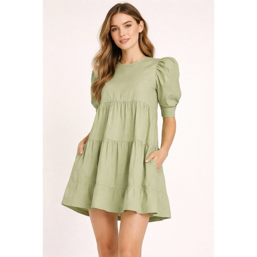 Danielle Bernstein Sage Green Tiered Babydoll Dress Puff Sleeve Pockets M